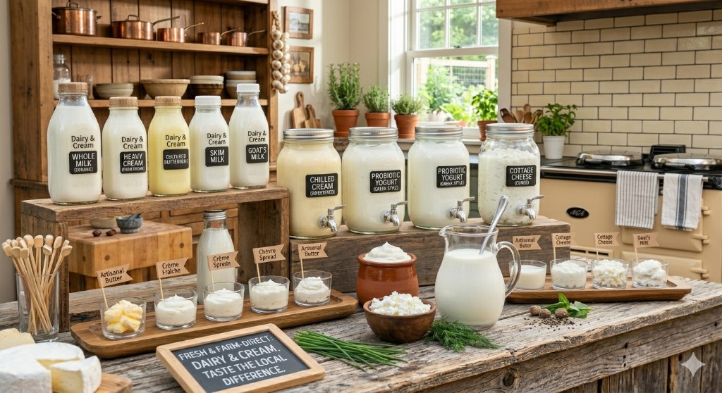 Premium display of fresh dairy: bottled organic milk, heavy cream, Greek yogurt dispensers, and artisanal butter on a rustic wooden counter in a farmhouse kitchen